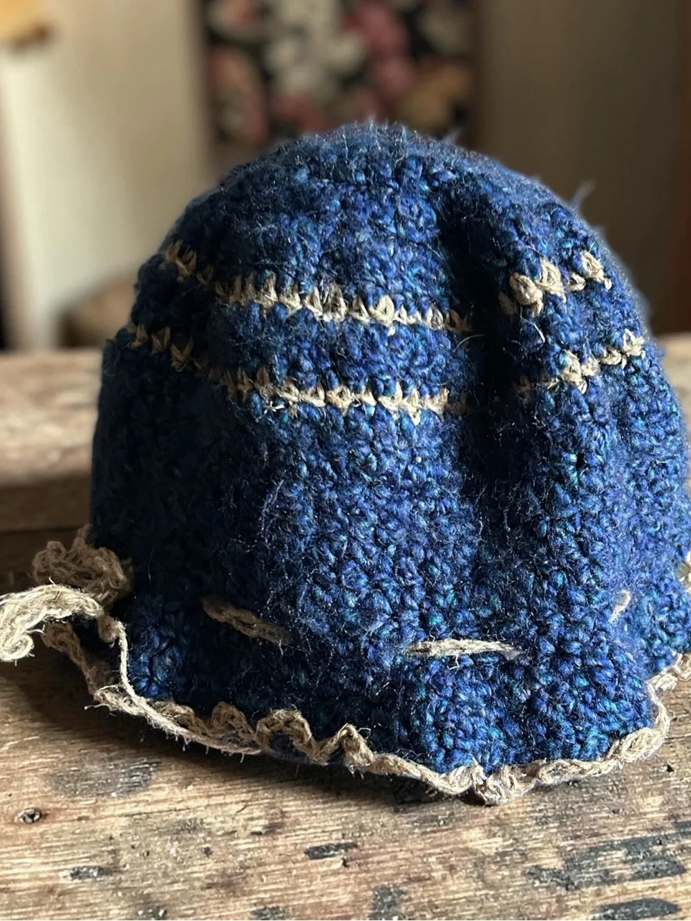 Handmade Blue Crochet Bucket Hat with Tan Trim